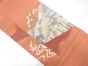 手織り紬　風景模様織り出し　袋帯